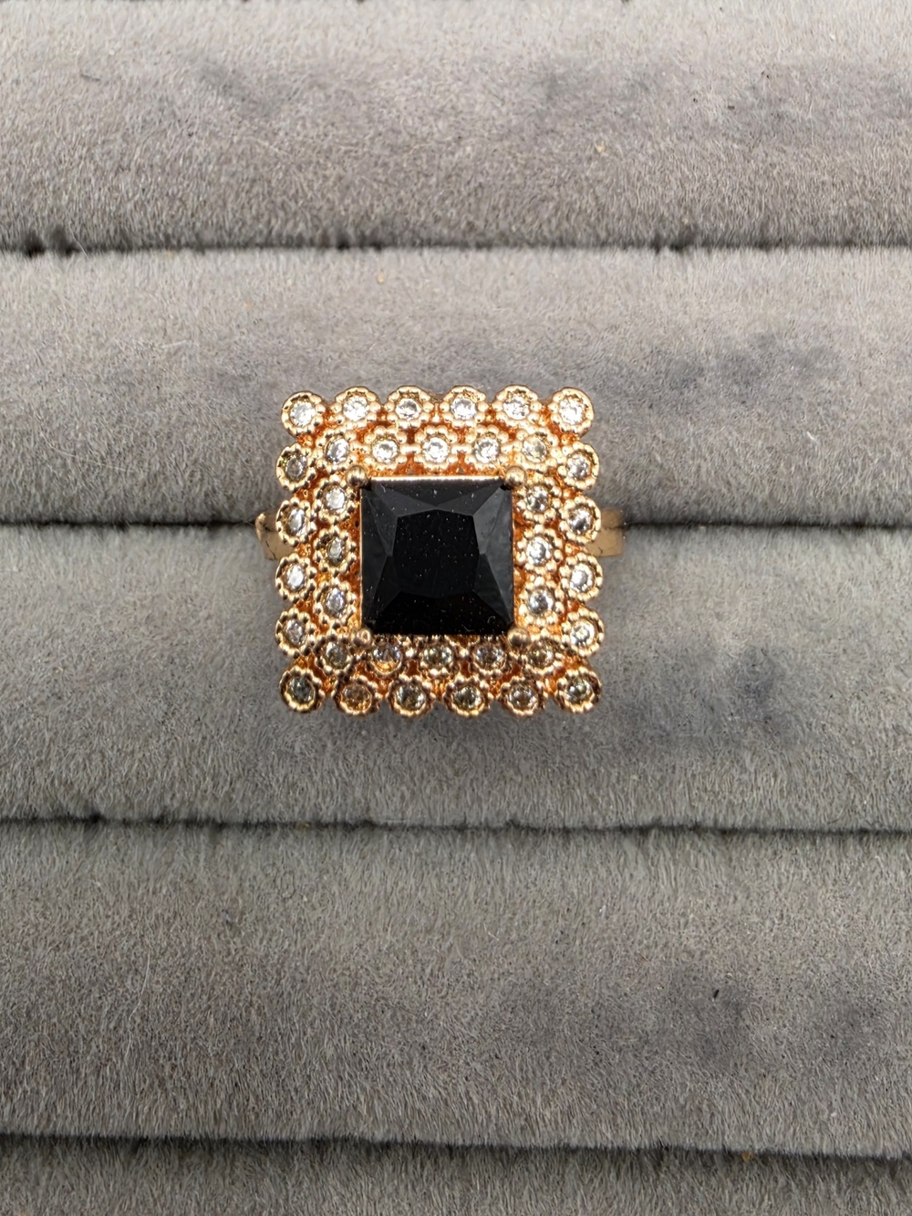 Gold-Tone Adjustable Ring with Black Square Center and Clear Crystal Halo